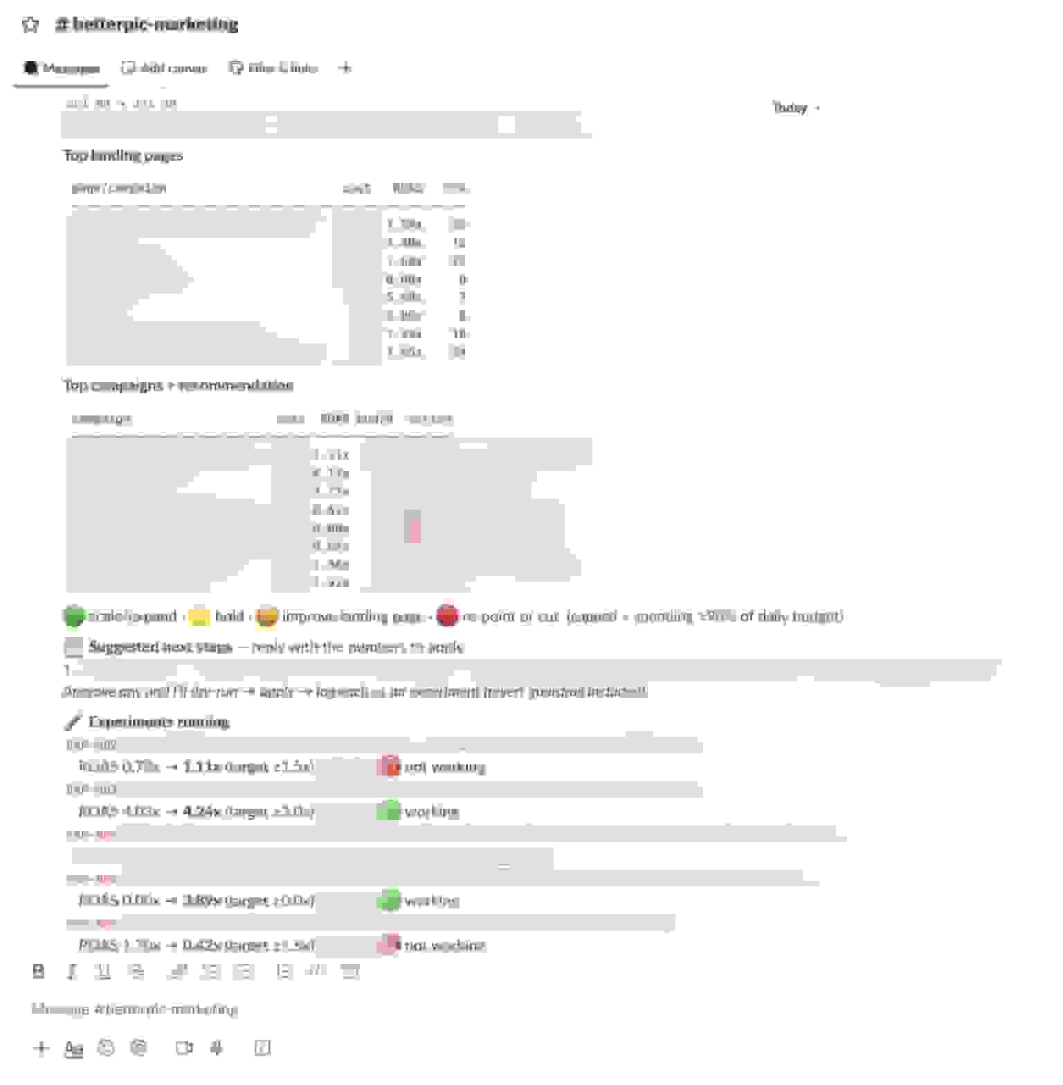 Patricia ads report in our marketing Slack channel with landing page and campaign ROAS tables, a traffic-light legend, and experiments with before-and-after ROAS verdicts