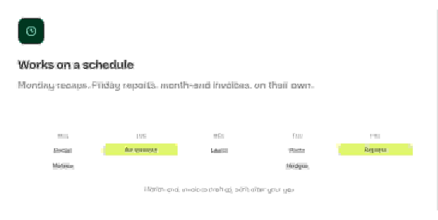Patricia's marketing page with recurring tasks arranged across a weekly schedule