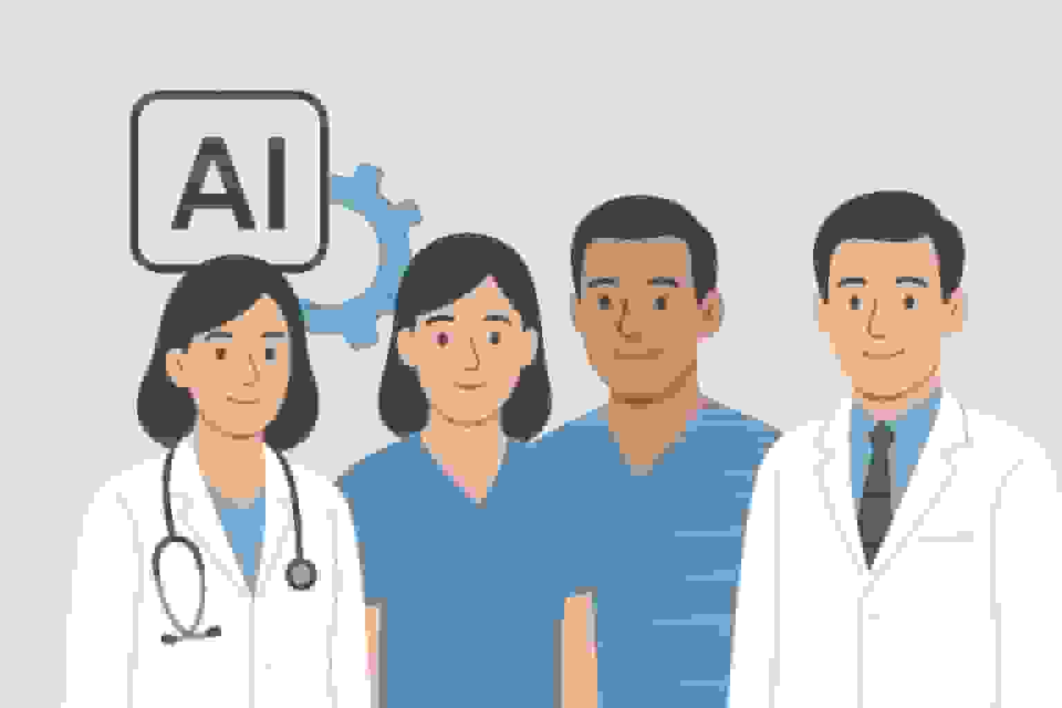 An illustration of four healthcare workers in lab coats and scrubs beside an AI icon