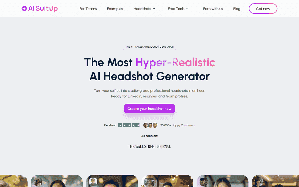 AI SuitUp homepage with its purple signup button and a row of customer portraits