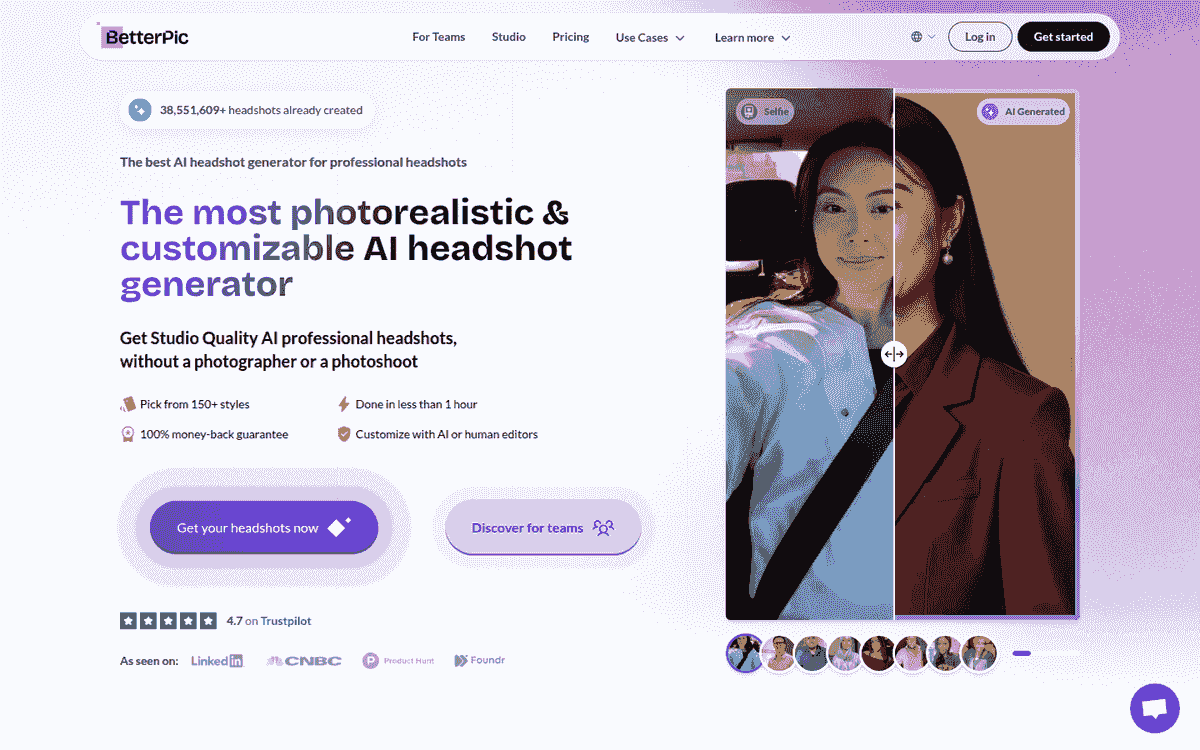 BetterPic homepage with a selfie-to-headshot slider showing a woman in a blue shirt and burgundy blazer
