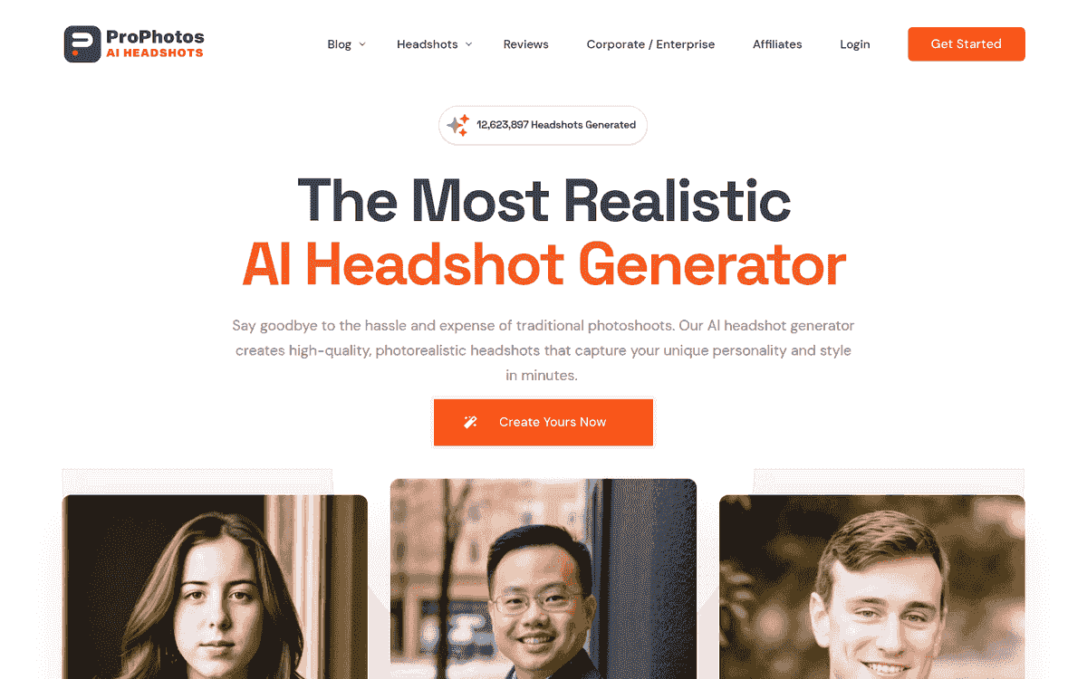 ProPhotos AI homepage with an orange signup button above 3 portrait examples