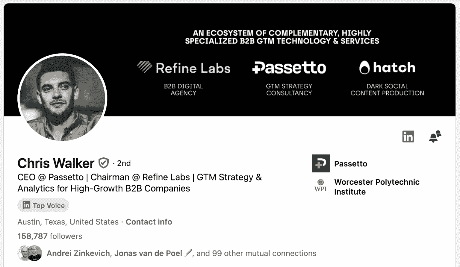 The LinkedIn profile page of Chris, used as an example