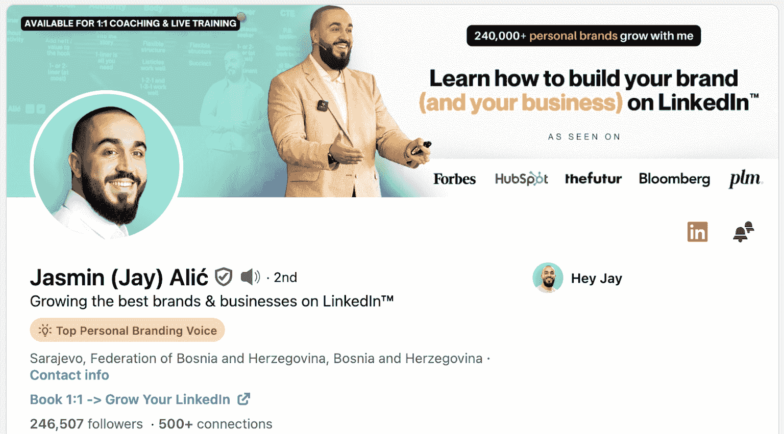 The LinkedIn profile page of Jasmin, used as an example
