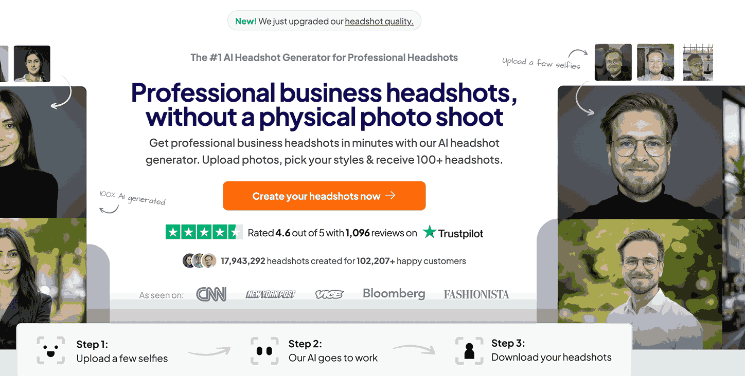 HeadshotPro homepage and AI headshot generator interface