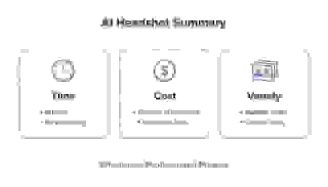 An infographic summarizing AI headshot benefits: time, cost, and variety, promoting effortless professional photos.