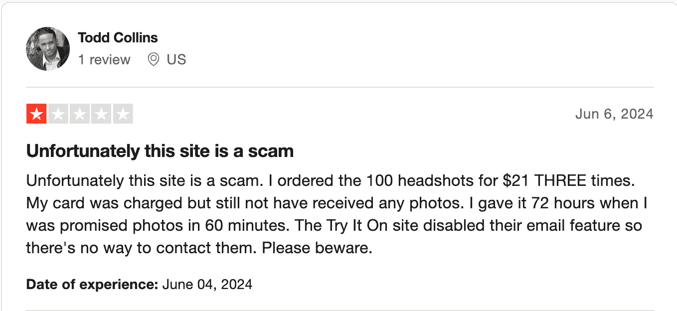 Negative Trustpilot review of Try It On AI headshot quality