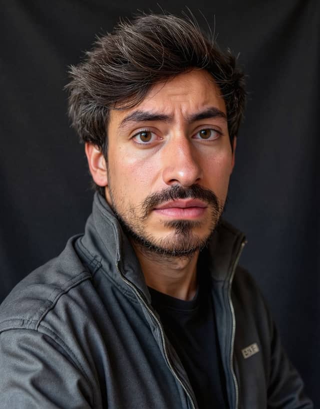 Man in a grey zip jacket, with deep cheek shadows and a drawn expression