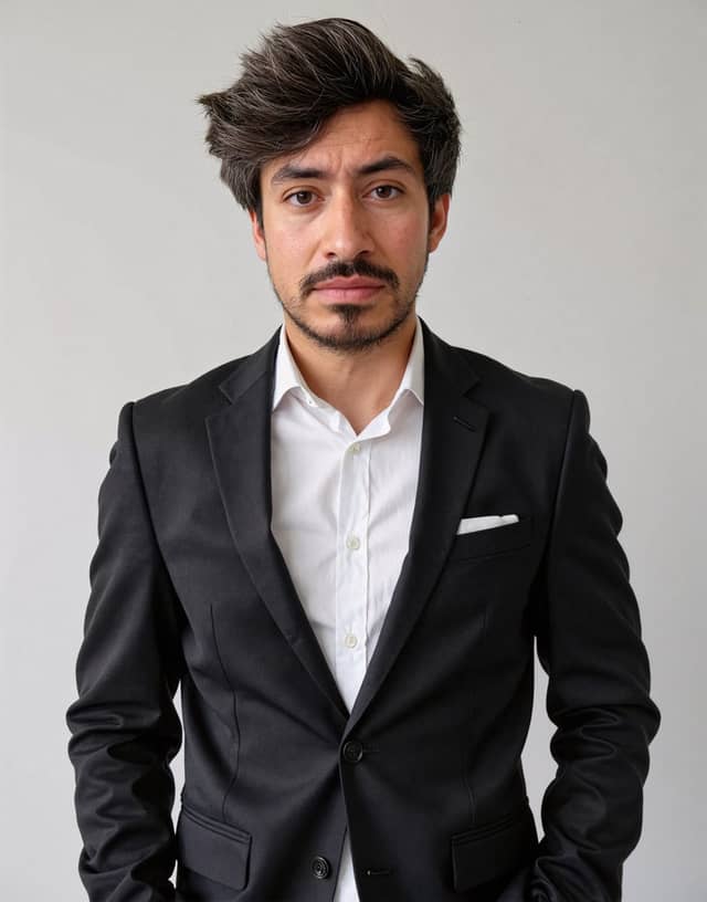 Man in a black suit on pale grey, with a drawn unsmiling face