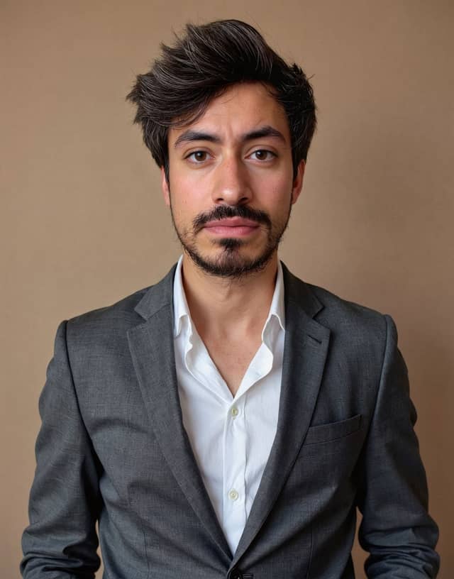 Man in a grey blazer on tan, with convincing fabric and sunken cheeks