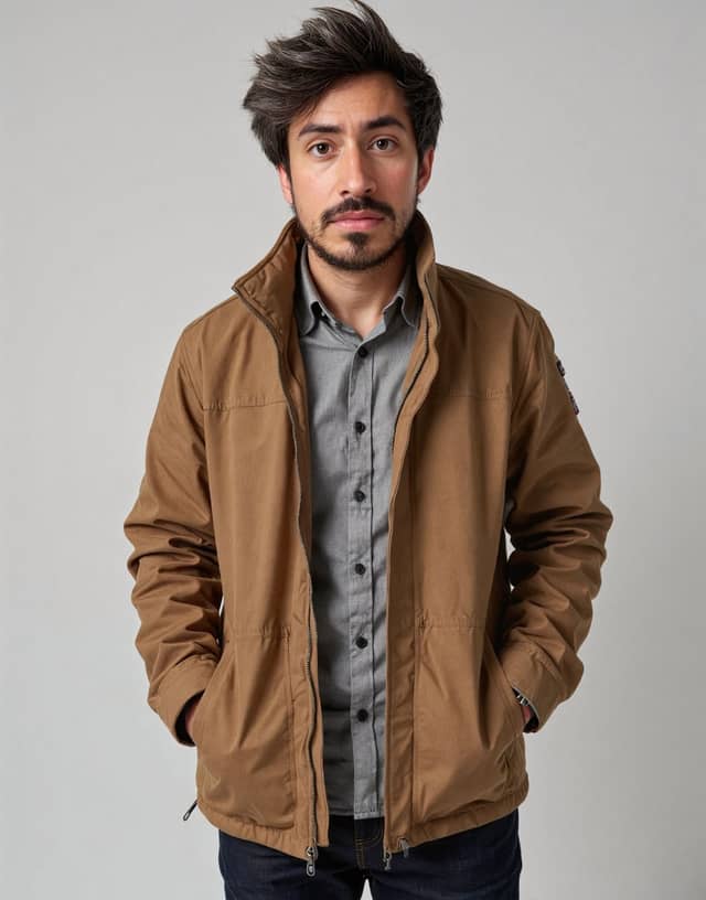 Full-length man in a camel jacket and jeans, with his face tiny in the frame