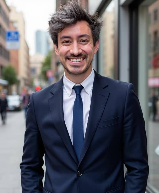 Man in a navy suit on a city street, with restrained hair and a recognisable face