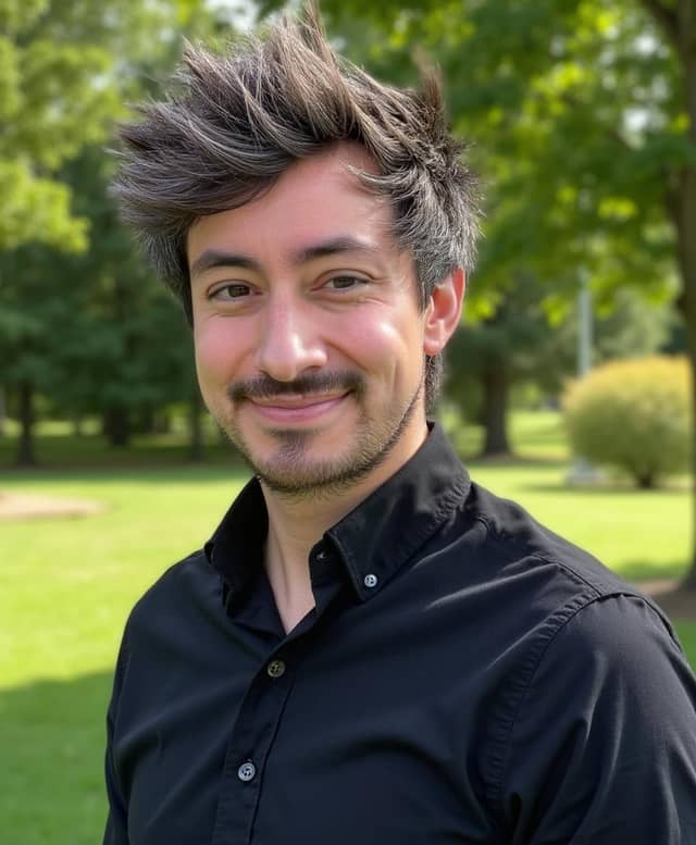 Man in a black shirt in a park, with hair blown into a wide spiky fan