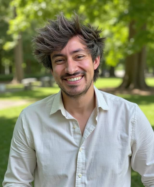 Man in a cream linen shirt in a park, with spikes extending far past his head