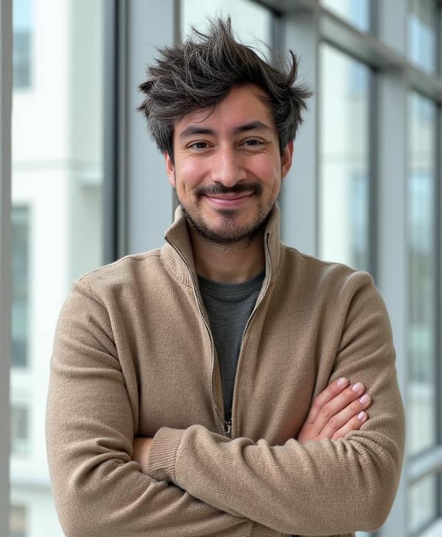 Man in a tan zip sweater with folded arms, his face and hair kept recognisable