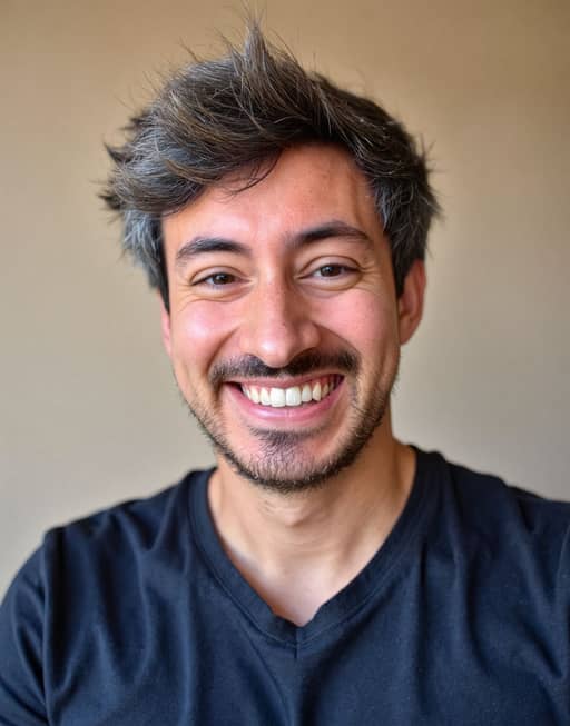 BetterPic result, a man in a navy t-shirt with spiky grey hair and natural cheek texture
