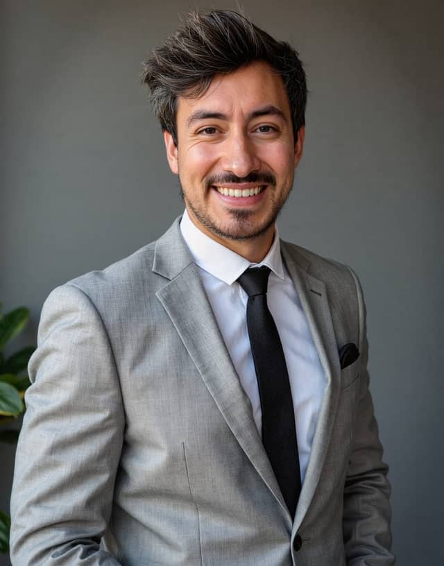 Man in a grey suit on grey, with flatter hair and a slightly slimmer face