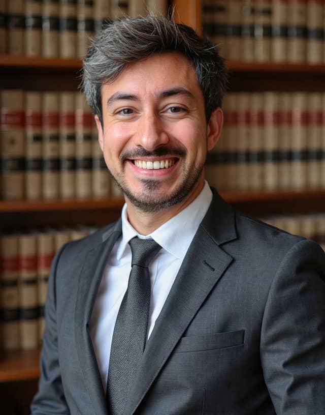 Man in a suit and tie in a law library, with teeth whiter and more even than the inputs
