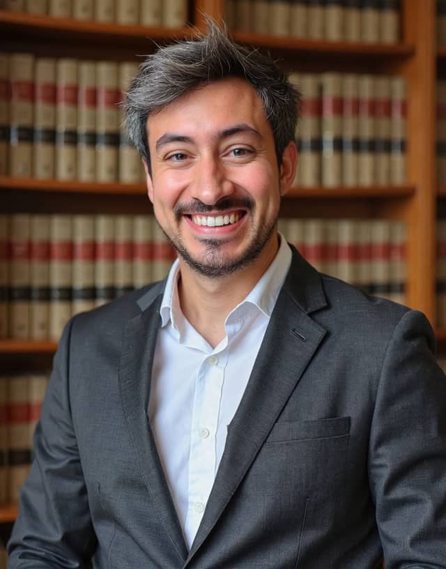 Man in an open-collar suit in the same law library, with recognisable hair and face shape