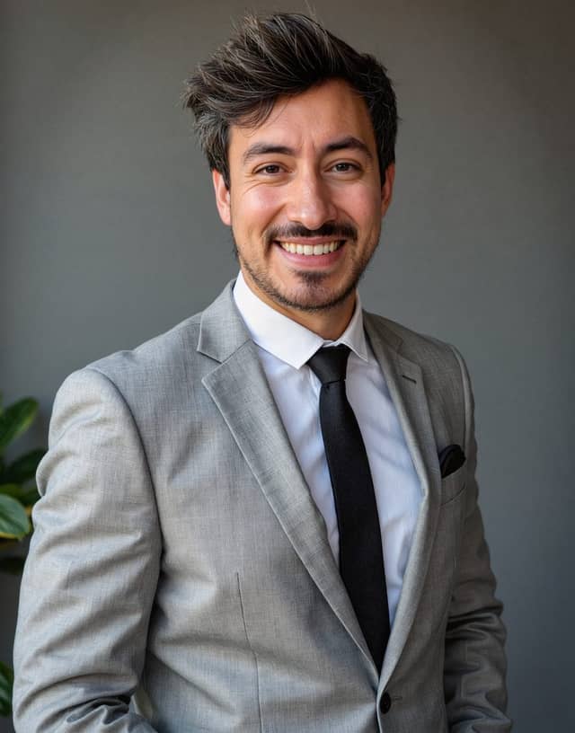 Man smiling in a light grey suit, white shirt and black tie against a grey wall