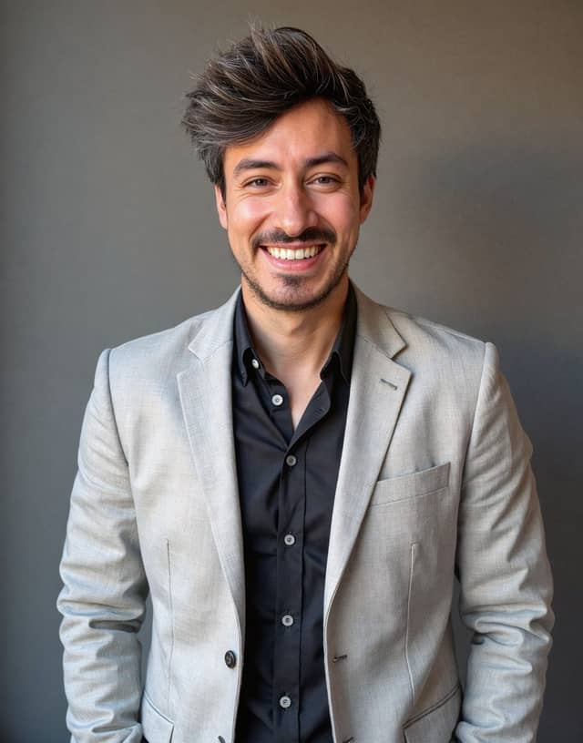 Man smiling in a pale blazer over a black shirt against a grey wall