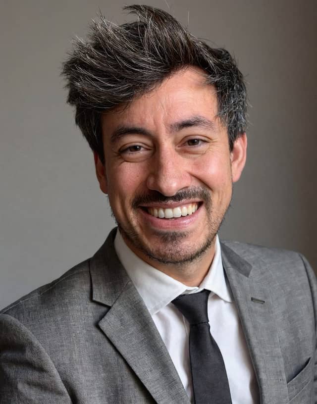 Close-up of the man smiling in a grey suit and black tie