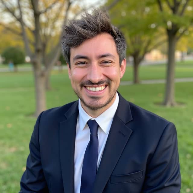 Man in a navy suit smiling in a park, with a natural broad expression