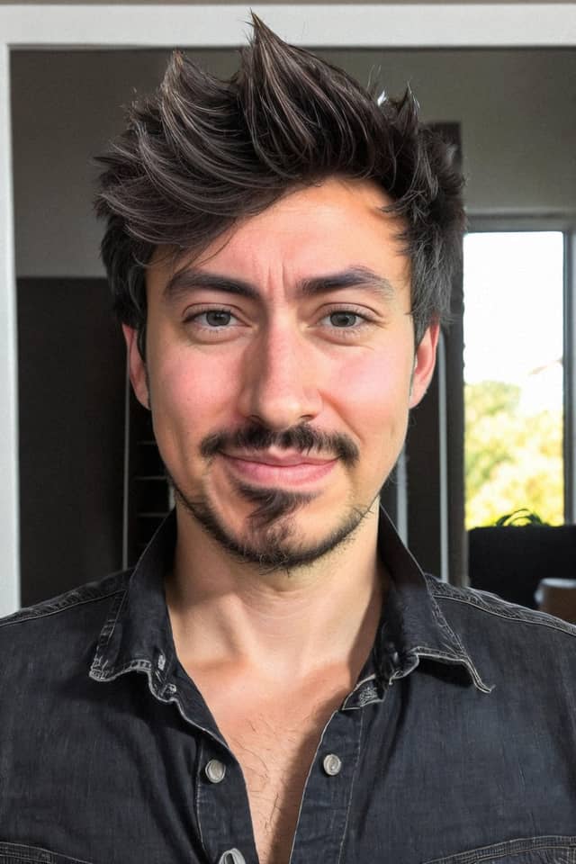 Man in a dark shirt with narrowed cheeks, dark hair and a pointed beard