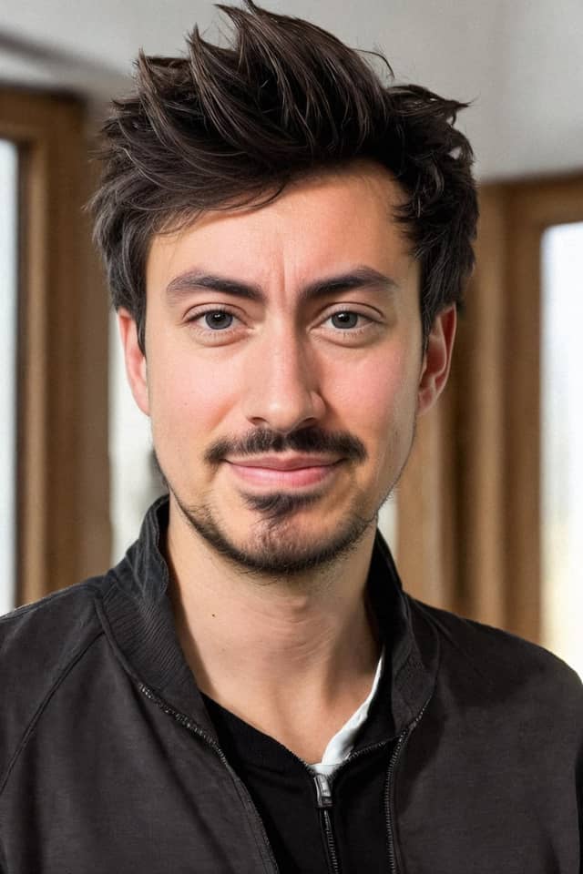 Man in the same dark shirt and pose, with a tapered jaw and no grey in his hair