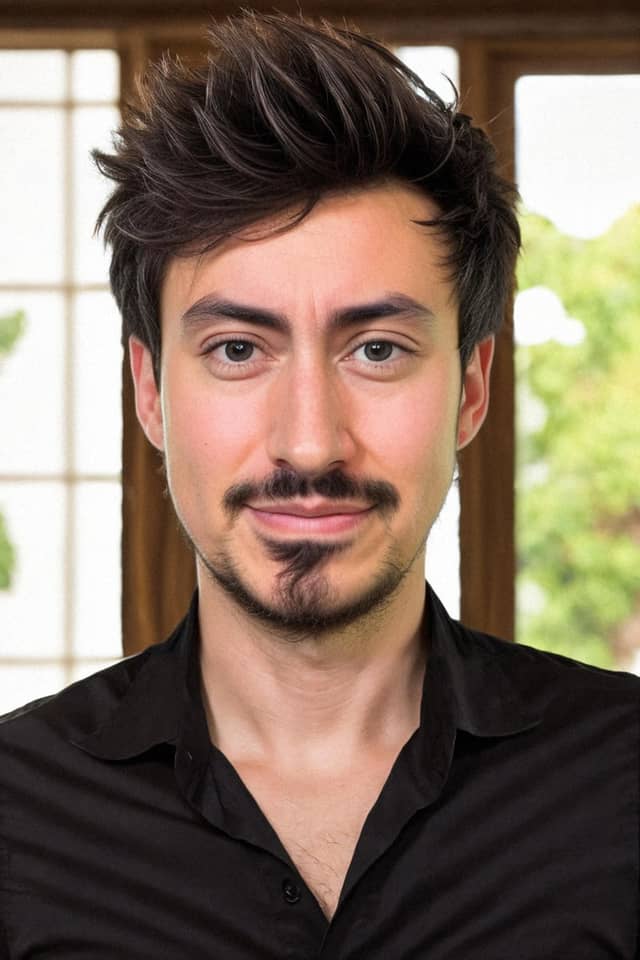 Man in a third room with the same pose, dark hair and sharply outlined beard