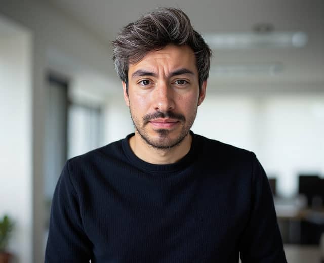 Man in a black crewneck in an office, with a slim face and faintly furrowed brow