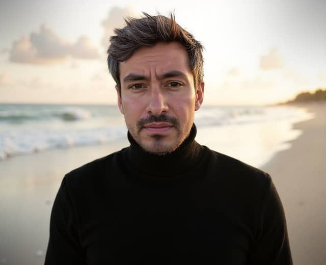 Man in a black turtleneck on a beach, with an almost stern expression
