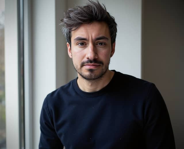 Man in a navy sweater by a window, his cheeks less full and expression flat