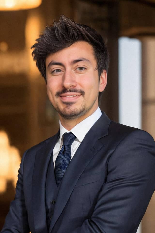 Man in a navy three-piece suit, with clean detail around his hair against golden bokeh