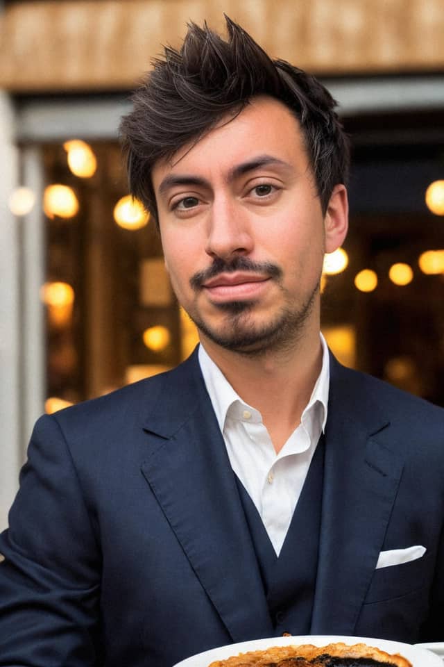 Man in the same navy suit and warm interior, with a plate of food entering the frame