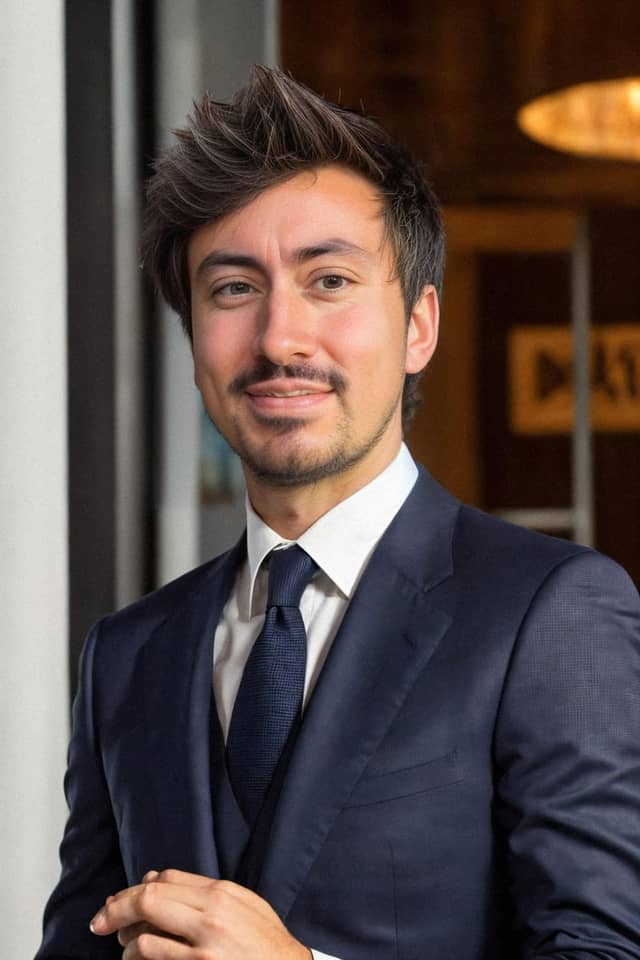 Man in the same suit and setting, with a reserved closed-mouth smile