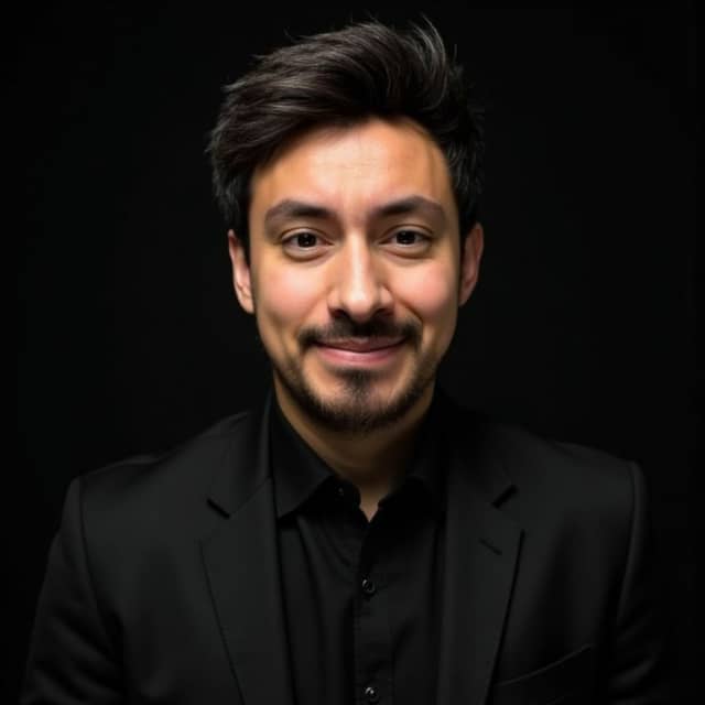Man in a black shirt under low-key light, with uniformly dark side-parted hair