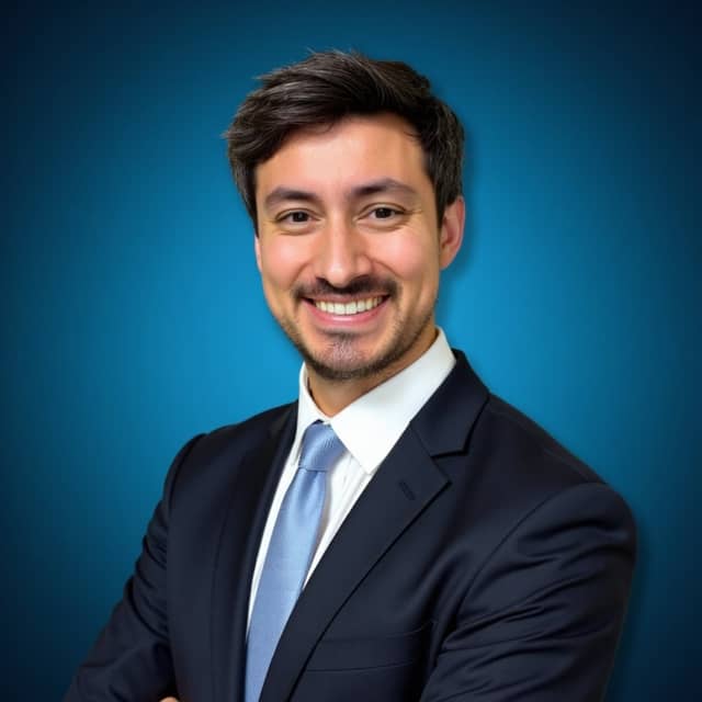 Man in a navy suit on a blue gradient, with uniformly dark flat hair and a different nose