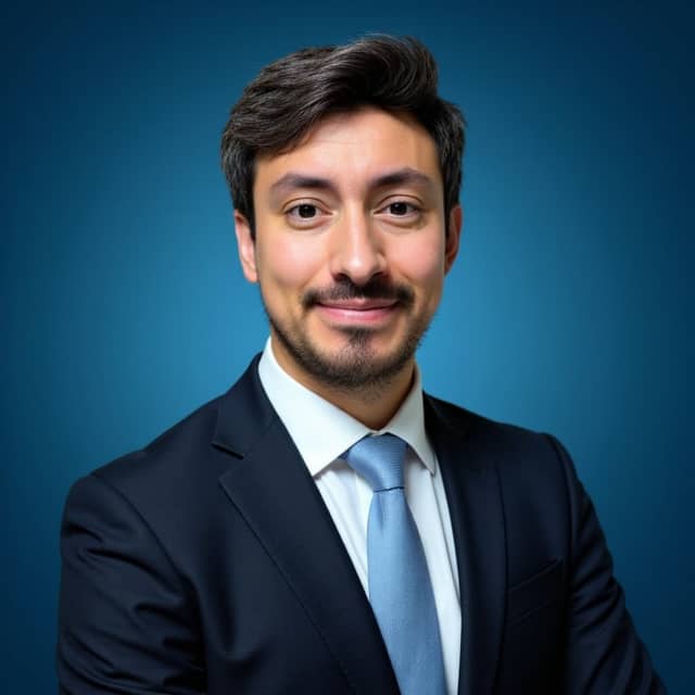Near-duplicate navy-suit portrait on blue, with no grey or high-volume hair
