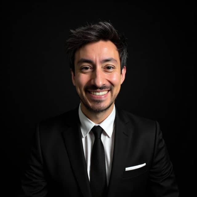 Man in a black suit and tie, with rounder cheeks and a generic side-parted hairstyle