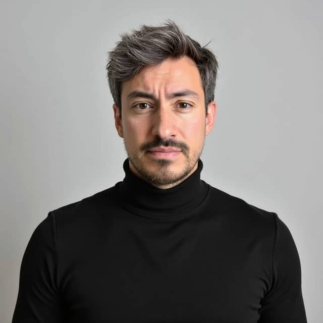Man in a black turtleneck with a faint frown, looking older than in the inputs