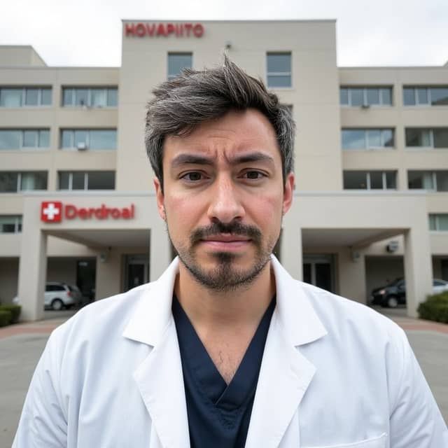 Man in a lab coat outside a hospital, with HOVAPIITO and Derdroal on the signs