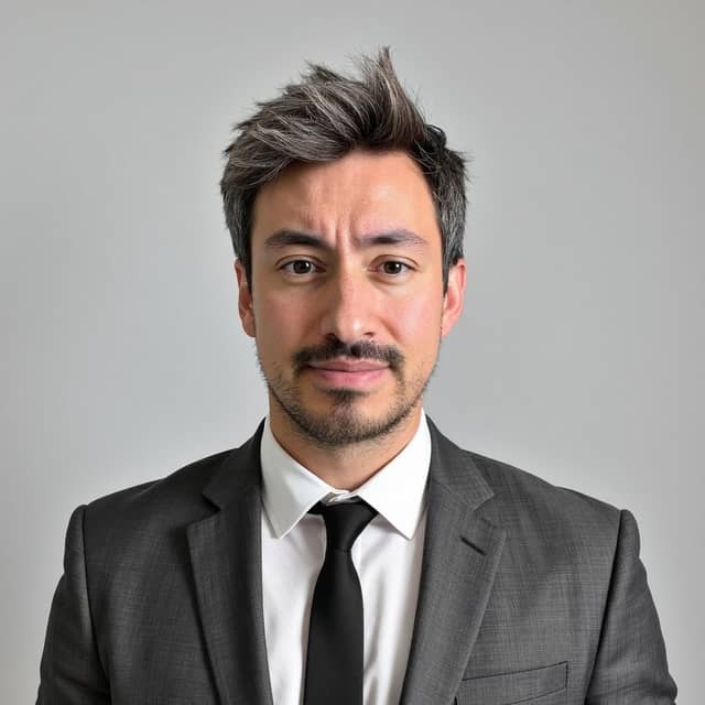 Man in a grey suit on plain grey, with even lighting and an older-looking face