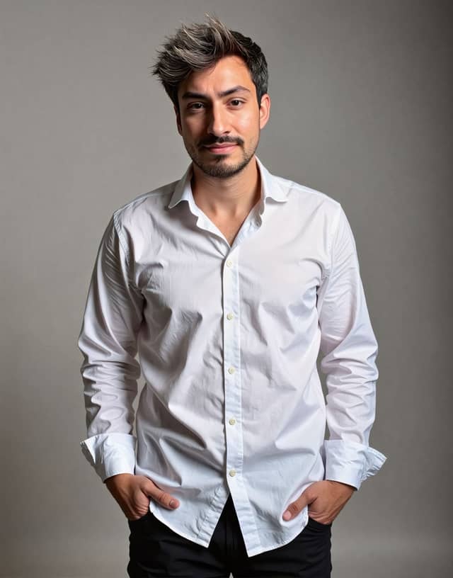Man standing in a white shirt against grey, with a small face and flattened hair