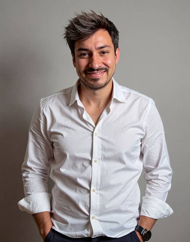 Man in the same half-body pose, with a warm natural smile and clean shirt detail