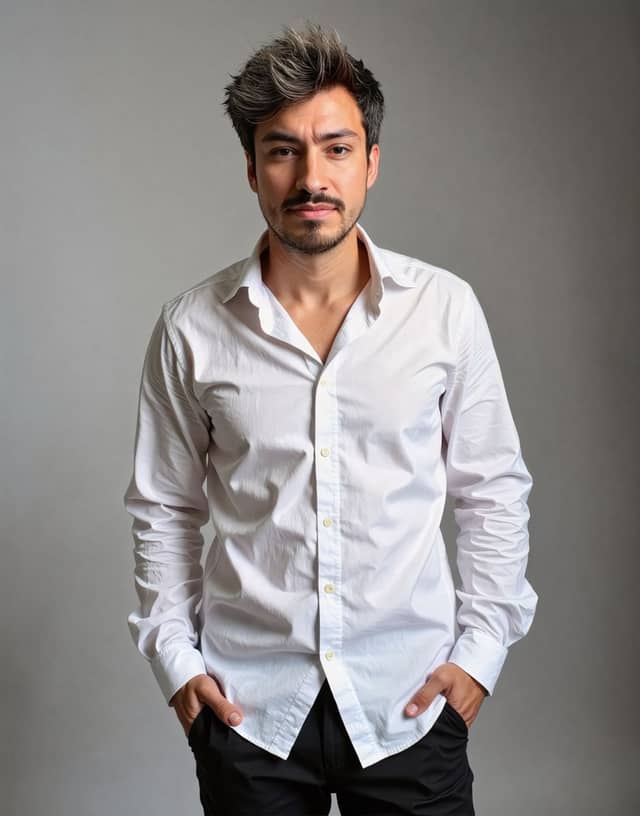 Man in the same white shirt and grey studio, with flattened hair and a narrow jaw