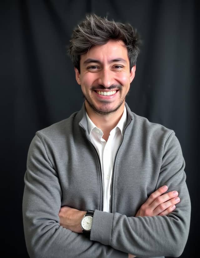 Man smiling with folded arms in a grey cardigan, his hair close to the input shape