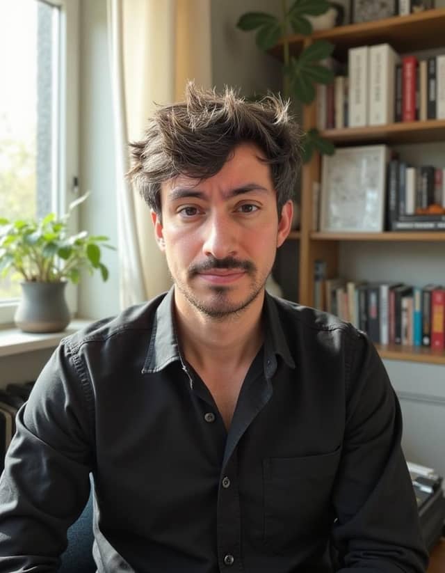 Man in a home office, with a longer thin face and hair fanning into wide spikes