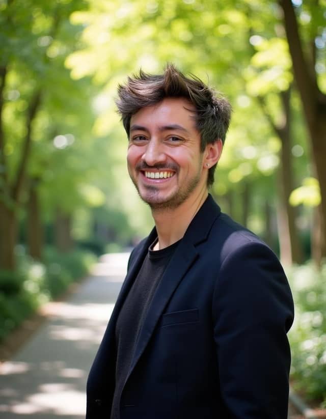 Man in a green park, with a swooping quiff much larger than his own hair