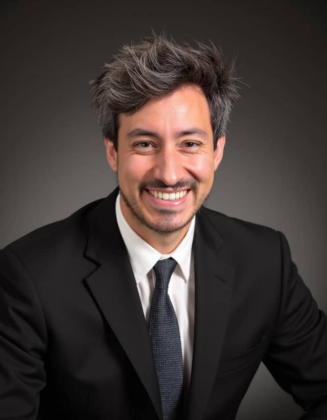 Man in a black suit on dark grey, with a recognisable face and controlled hair
